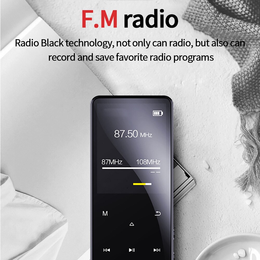 MP4 Player with Bluetooth HiFi Player Portable Walkman FM Radio Recording Built-in Speaker Touch 2.4 Inch Music Displayer 16GB