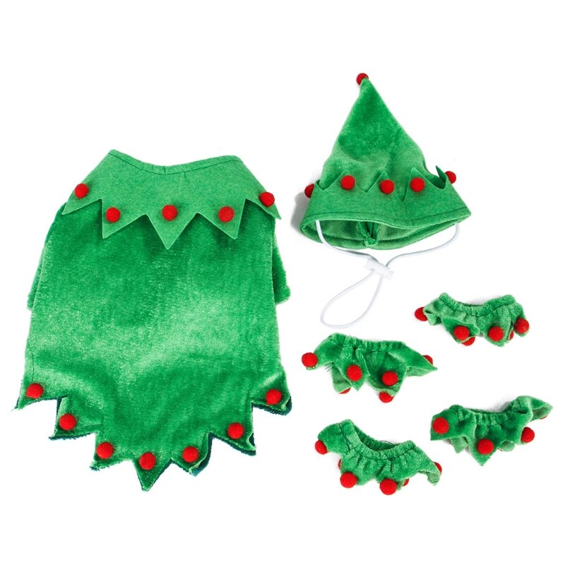 Lovely Small Pet Dogs Pajamas Clothes Pleuche Xmas Tree Green+Red S/M/L Funny Pet Elf Cosplay Dress