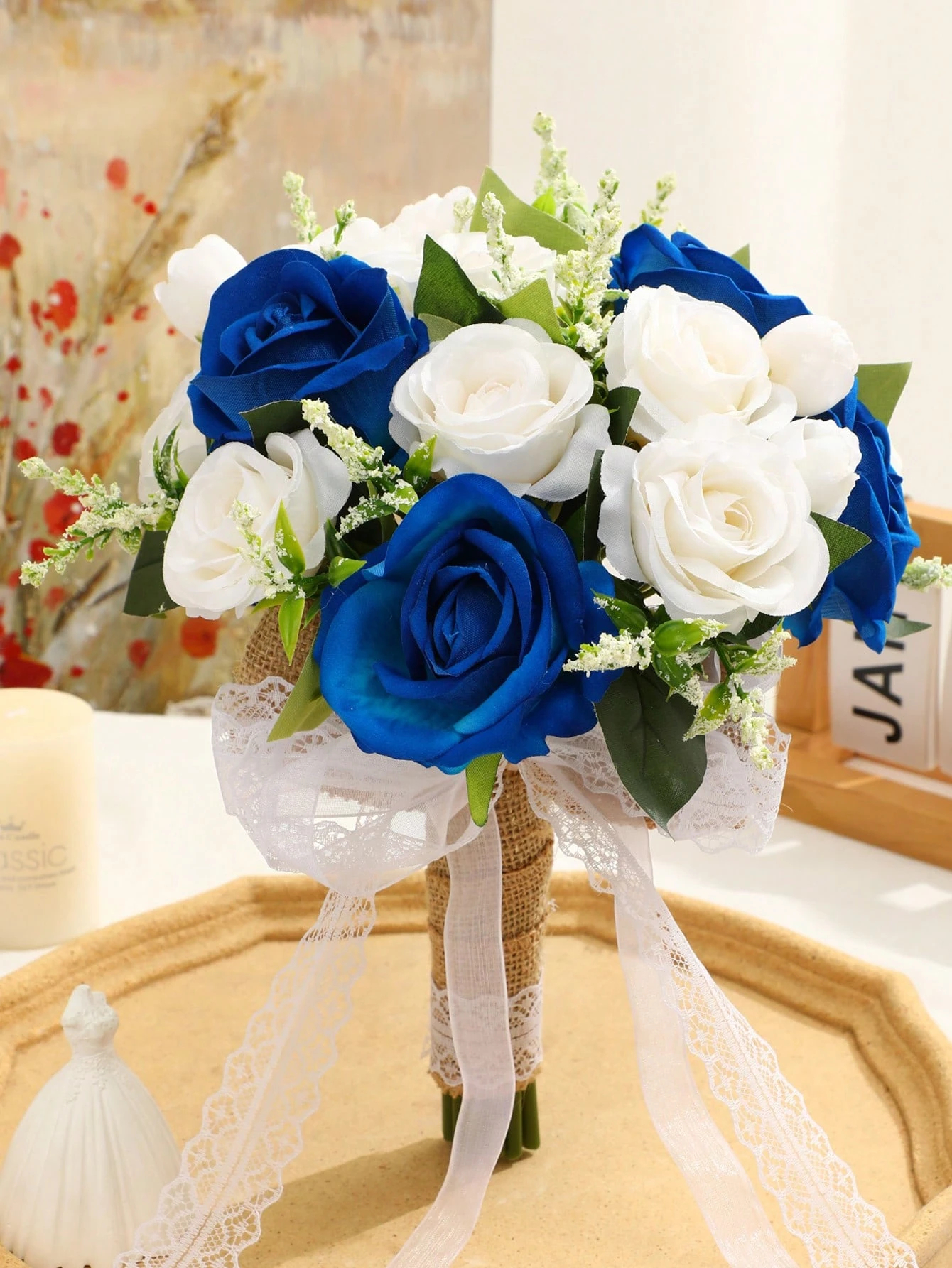 Hochzeitssträuße für Braut und Brautjungfern, Weiße Blaue Burgunderrote Künstliche Rosen für Hochzeit Kirche Ehe Dekoration