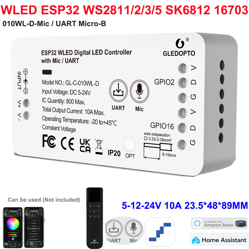 1-10WLED GLEDOPTO RGB Strip Lights with Mic LED Controller ESP32 Music Dynamic Modes for WS2811 WS2812B SK6812 WS2813 WS2815 DIY