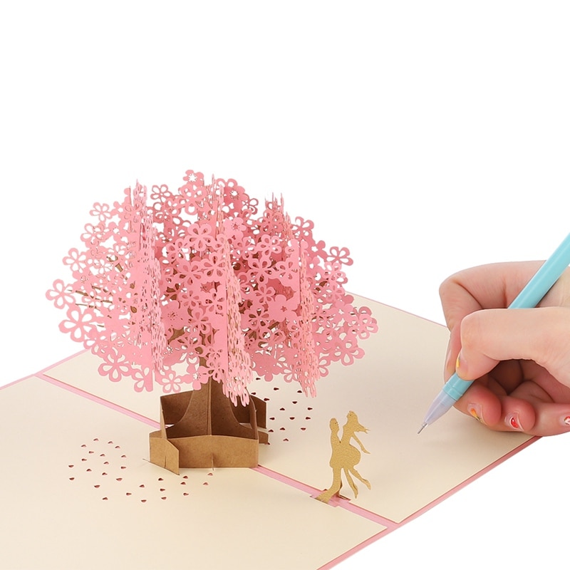 Handgemaakte 3d pop-up kersenbloesem boom minnaar valentijn jubileum papier sakura groet uitnodiging 3d kaarten