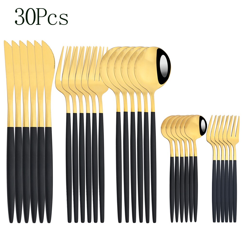 24pcs Cutlery Set Blue Silver Dinnerware Set Stainless Steel Silverware Knife Fork Spoon Tableware Flatware Set Dishwasher Safe: Black gold
