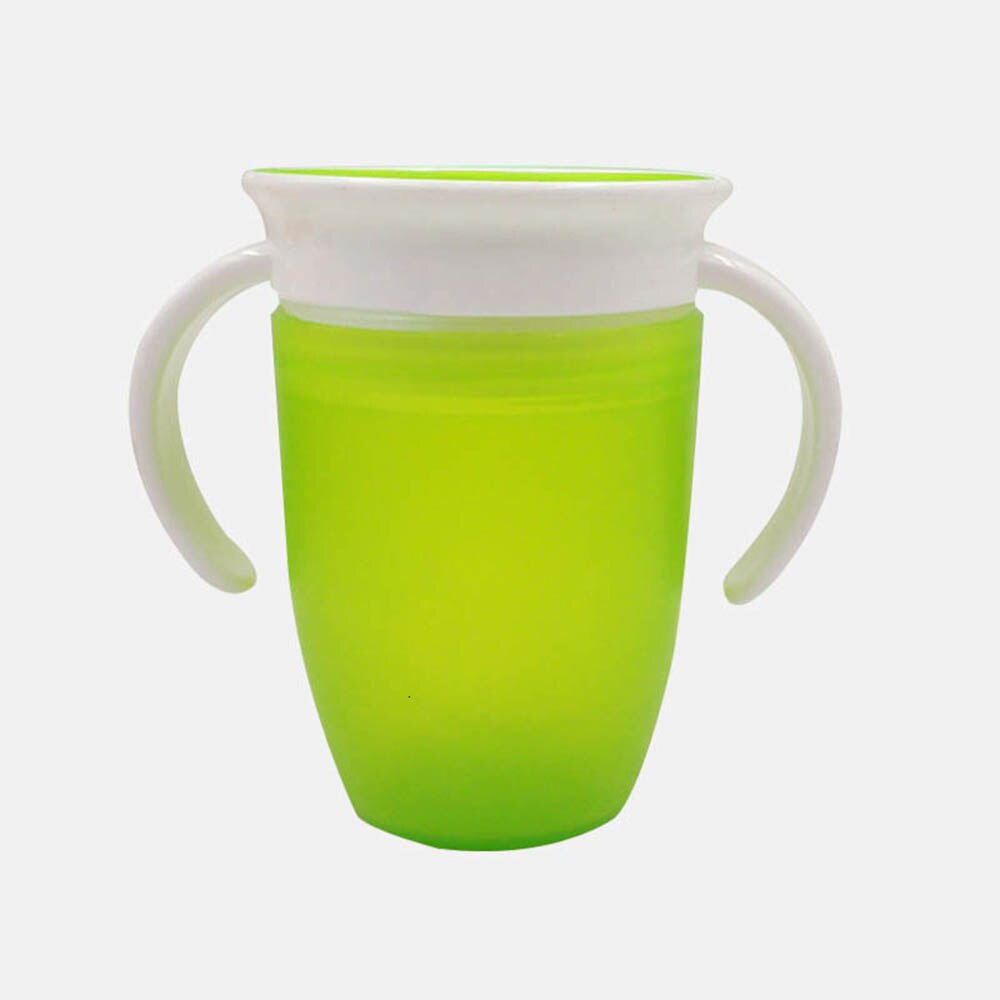 Botella mágica de alimentación de agua para niños a prueba de fugas de 360 grados, botella giratoria de aprendizaje para bebé, copa de plástico para beber con tapa abatible de doble manija: Green