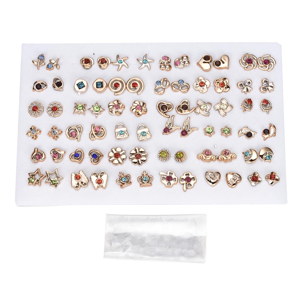 12~36 Pairs Women Girls Resin Plastic Crystal Diamante Flower Stud Earrings Set Random Style Gold Color Jewelry: Rhodium Plated