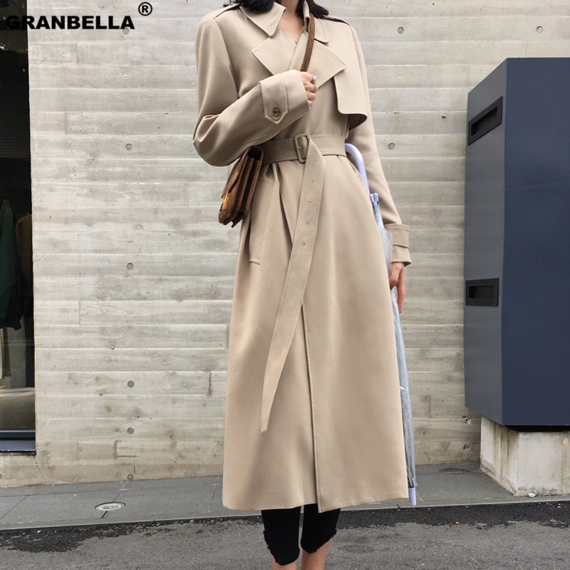 Koreansk stil kvinders pring efterår maxi lange frakker khaki & sort løs trenchcoat med bælte plus size vindjakke udtøj