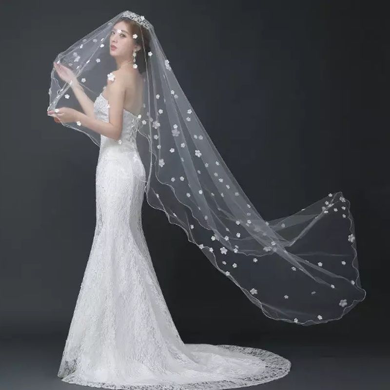 Blomma bröllop tillbehör 3m svansslöja brud romantisk bröllopsslöja 1 lager spets utan kam