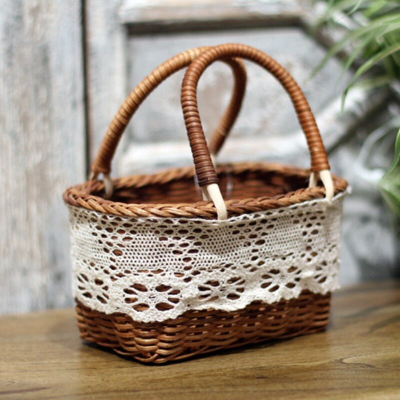 Cesta pequeña de flores tejida a mano, cesta pequeña de flores de ratán, cesta de flores de simulación: Default Title