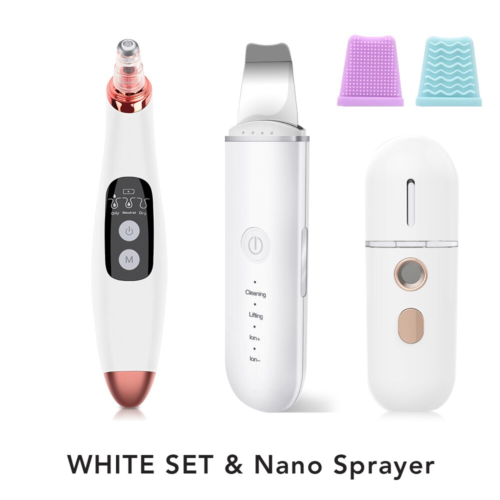 Comedondrukker Ultrasone Huid Scrubber Trillingen Gezicht Spatel Facial Scrubber Schop Schoon Cavitatie Peeling Facial Lifting: White Set