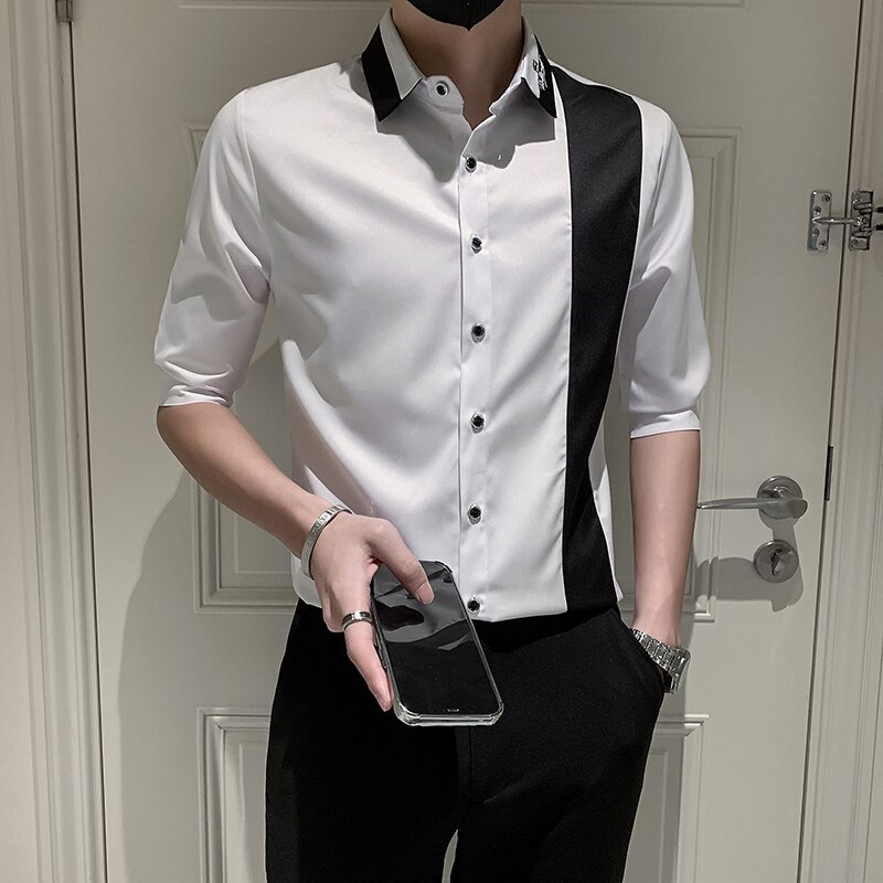 Patchwork Color Half Sleeve Men Casual Shirts Dress Streetwear Spring Summer Slim Fit Club Tuxedo Camisas De Hombre