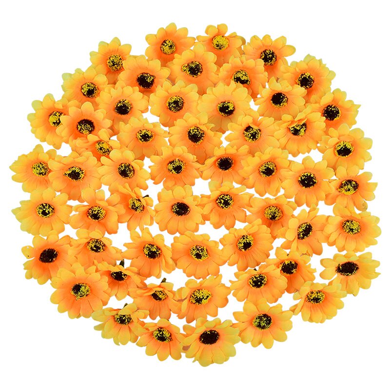 100 stk 4.5cm mini solsikke silke kunstige blomster hoveder daisy blomst til bryllupsfest hjem dekoration diy scrapbooking krans: S01