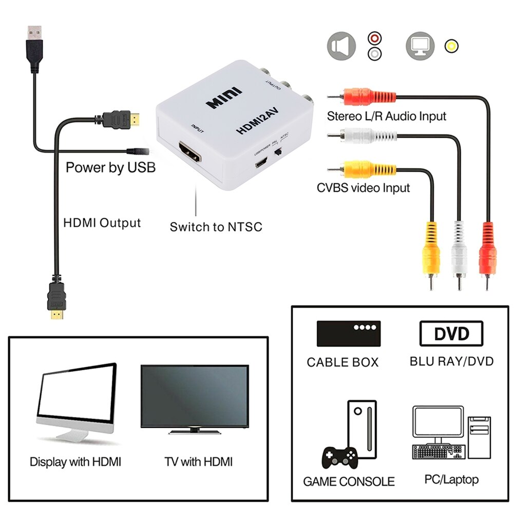 Video Composite Converter Box HDMI to AV Adapter HDMI to CVBS Video L/R Audio RCA Converter Support NTSC PAL for DVD Player PC