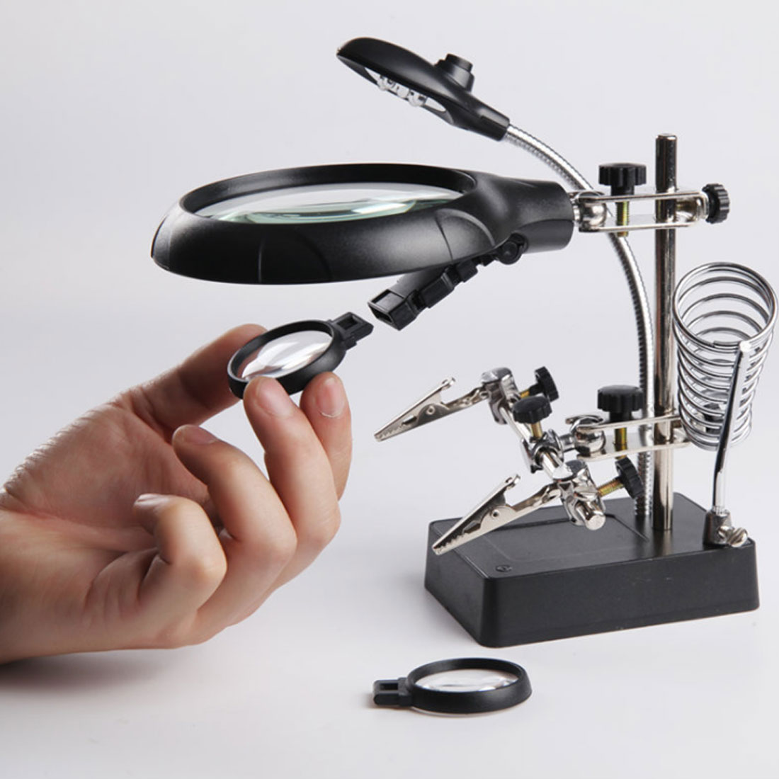 2.5X, 7.5X, 10X Welding Magnifying Glass with 5 LED Auxiliary Clip Loupe Desktop Magnifier Third Hand Soldering Repair Tool