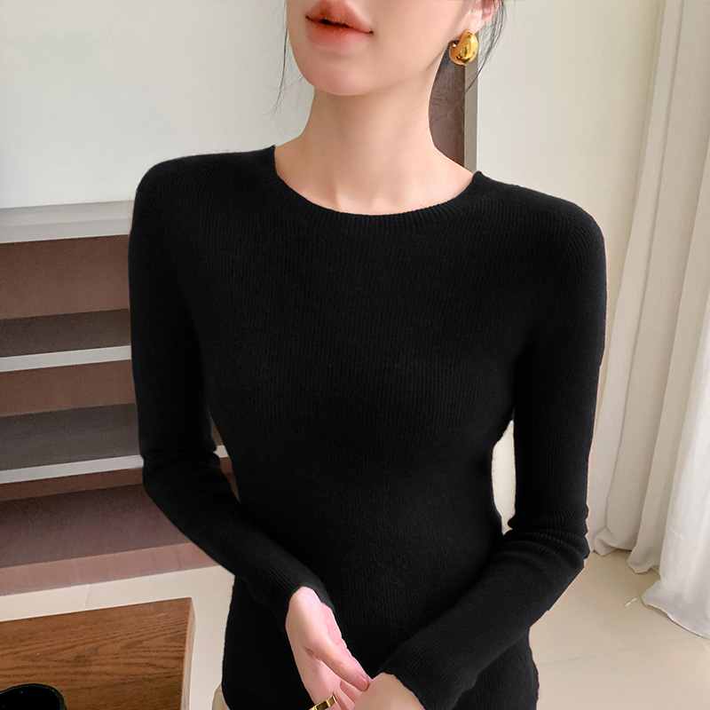 Suéter de malha com nervuras de manga comprida feminina, gola redonda, pulôver fino, tops de luxo, roupa coreana, moda