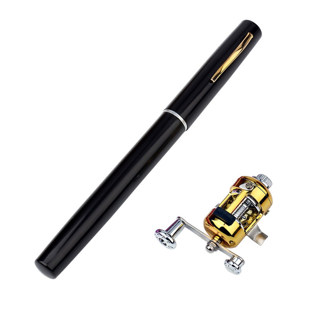 Mini caña de pescar telescópica con forma de bolígrafo, caña de pescar plegable con rueda de carrete, palo retráctil combinado, equipo de pesca al aire libre: Negro