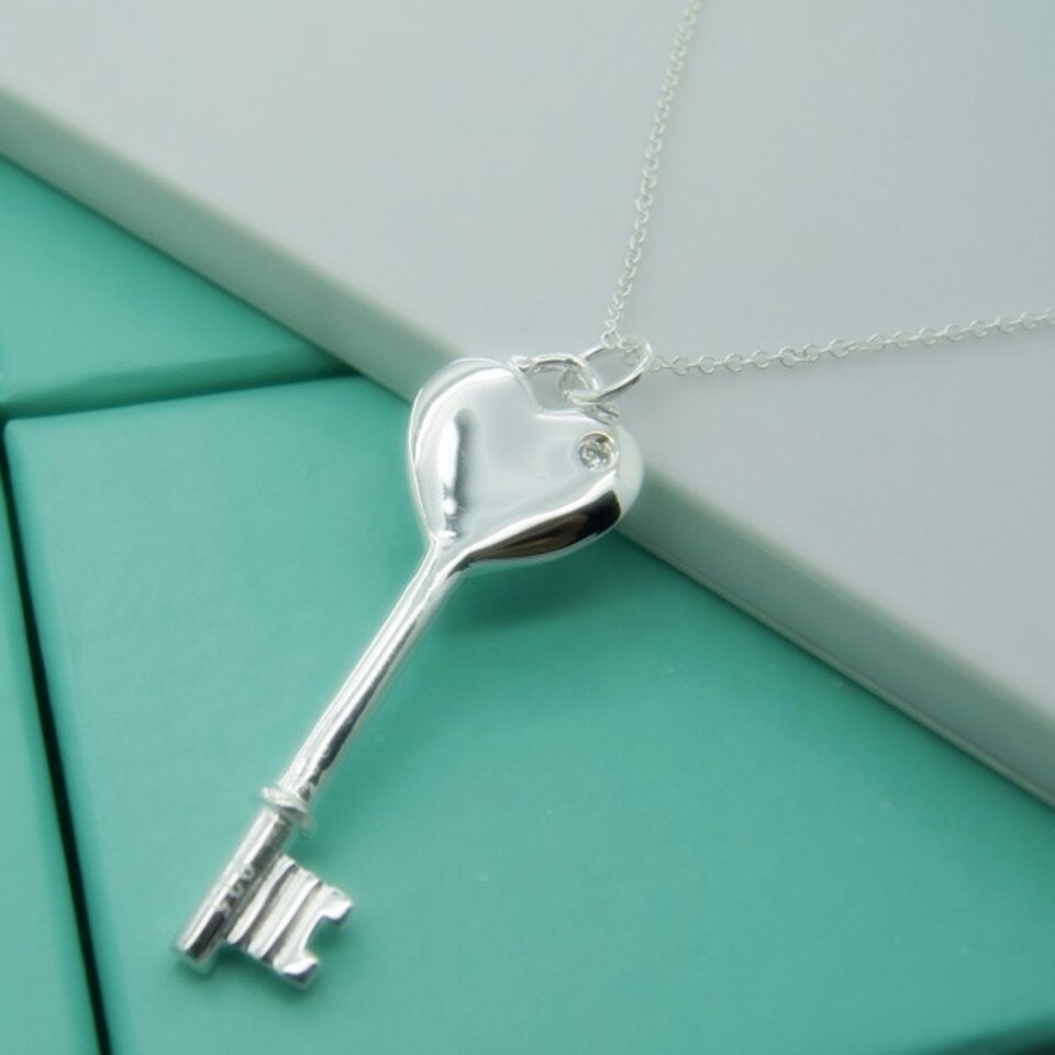 Babyllnt 925 sterling sølv krystal hjerte rund nøgle vedhæng halskæde til kvinder bryllup smykker sølv farve smykker: E