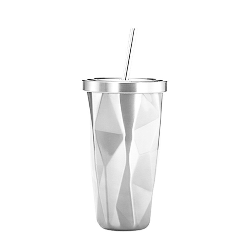 0.5 l garrafa de água canecas irregular parede dupla copos de aço inoxidável praia arco-íris gelo vinho copo com tampa canudos garrafas wj826: SILVER