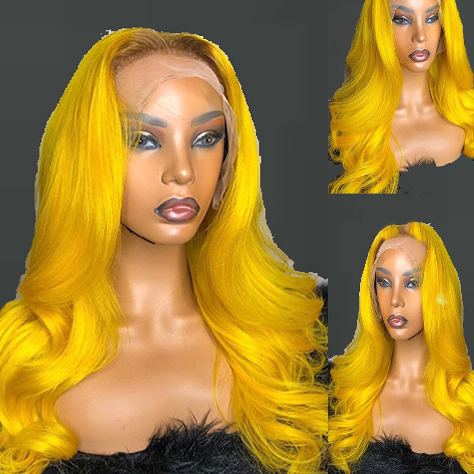 Long Body Wave Hair Synthetic Lace Front Wig Yellow Color Wig 26 Inch Glueless 180% Fiber Hair Wigs For Daily Women