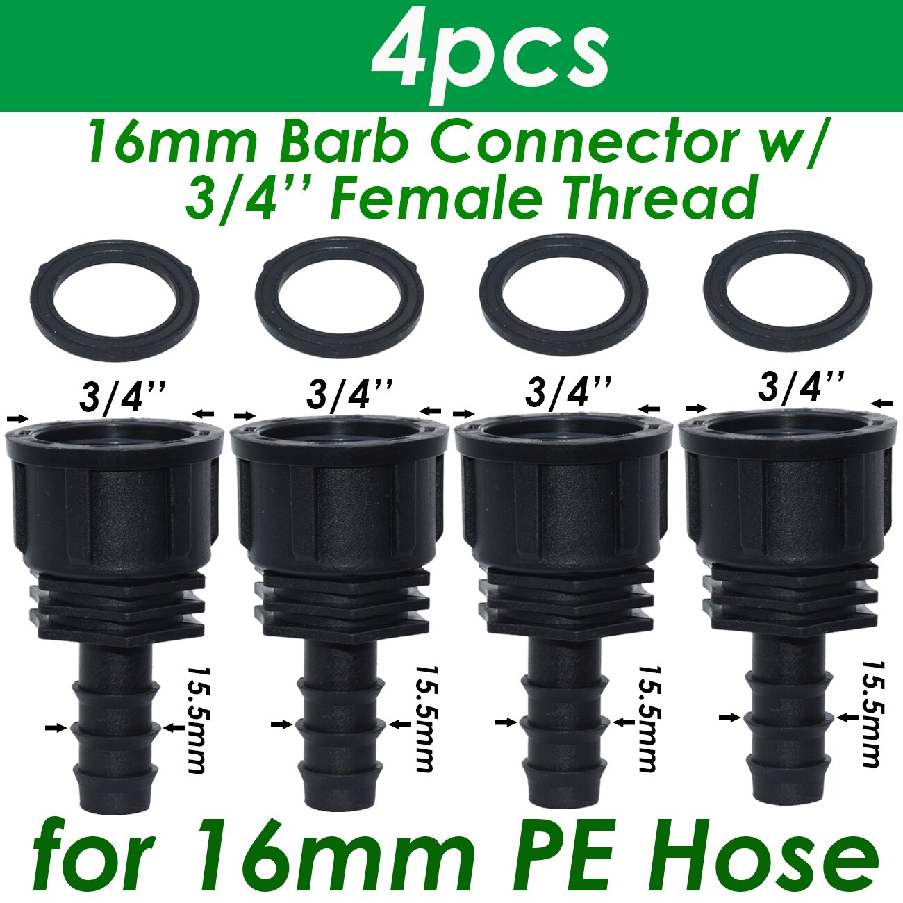 SPRYCLE 4PC 1/2 "3/4" Weiblich Außengewinde Anschluss Zu Widerhaken 16mm 20mm 25mm PE Schlauch Adapter Garten Bewässerung Tropf Bewässerung System: Black