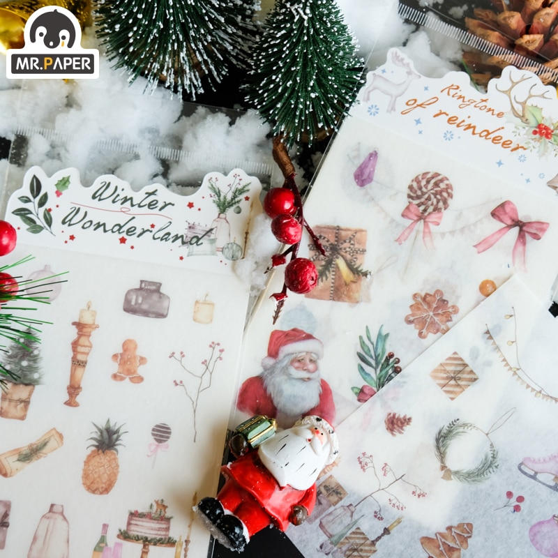 Mr.paper 4Pcs Christmas Stickers Scrapbooking Kawaii Cute Plain Sheet Stickers Diary Planner Decorative Stationery Stickers