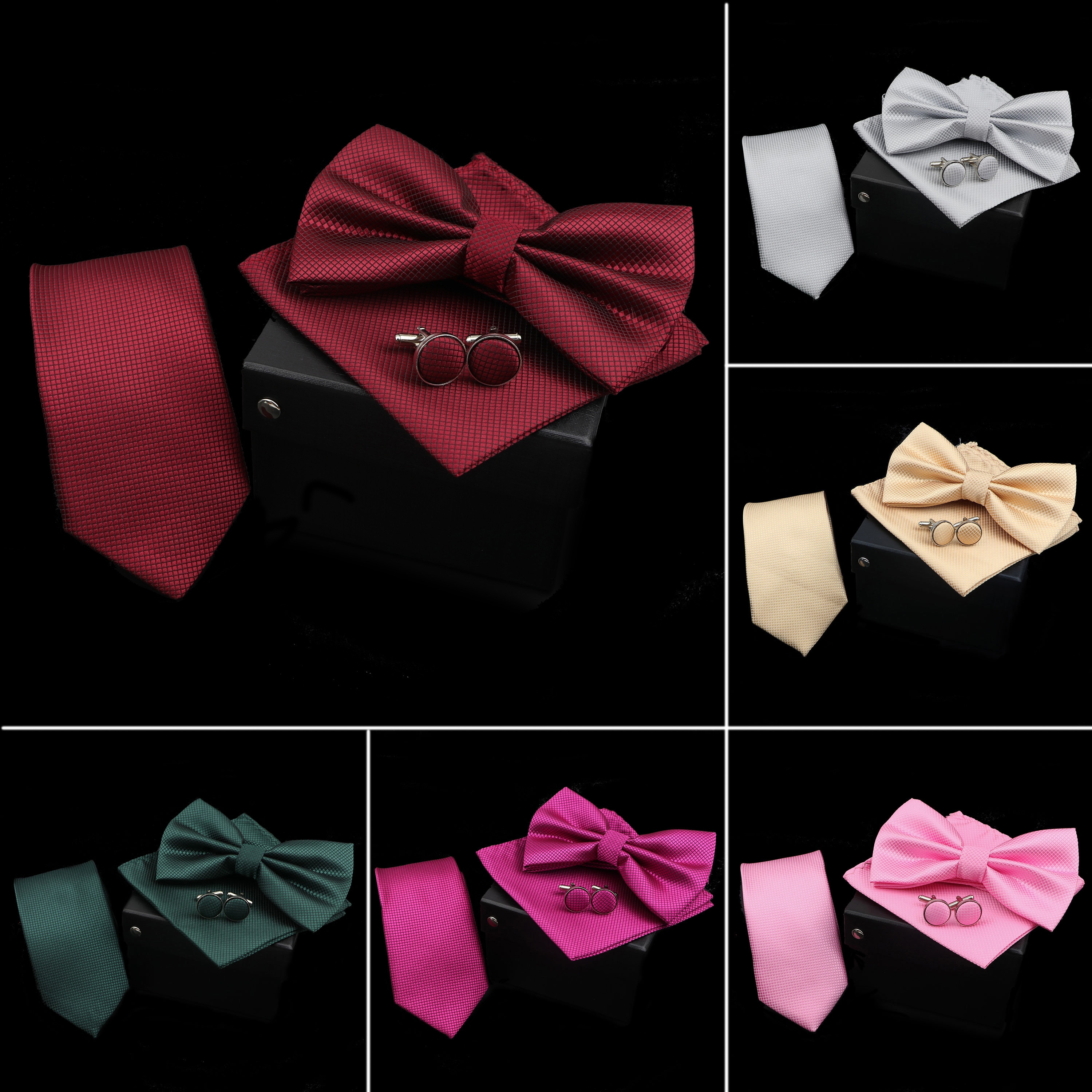 Enfärgad polyester slips fluga näsduk manschettknappar set män fjäril bröllopsslips utan låda nyhet slipsar