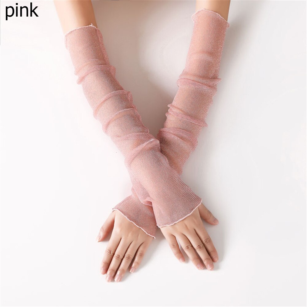 Gants longs en dentelle sans doigts pour femmes, manchons de Protection solaire, maille en dentelle, fins pour cyclisme, mancherons pour les bras de conduite,: pink