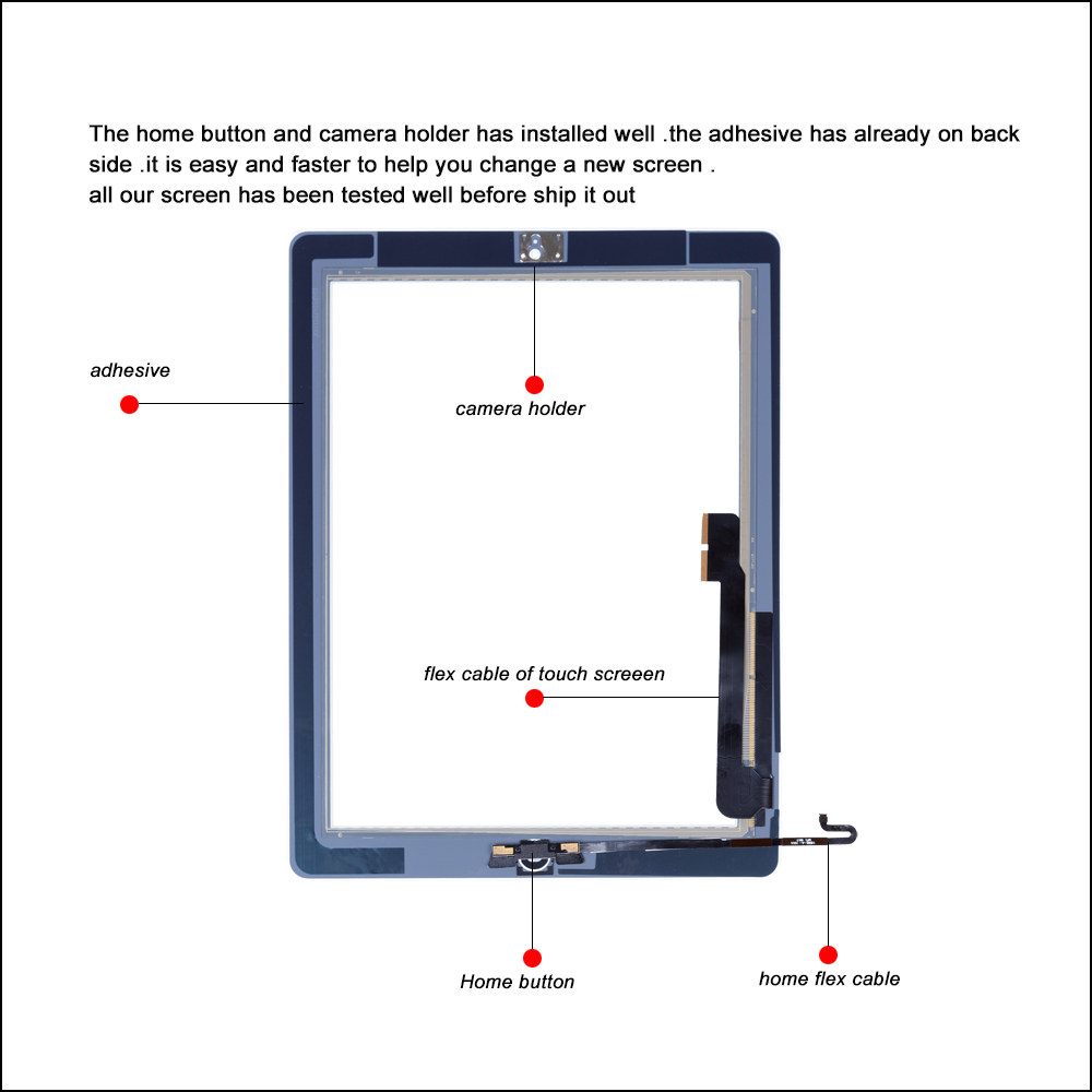 Touch Screen For iPad 4 A1458 A1459 A1460 Digitizer Panel With Home button and camera holder+ Middle Frame+Tools+Tempered Glass