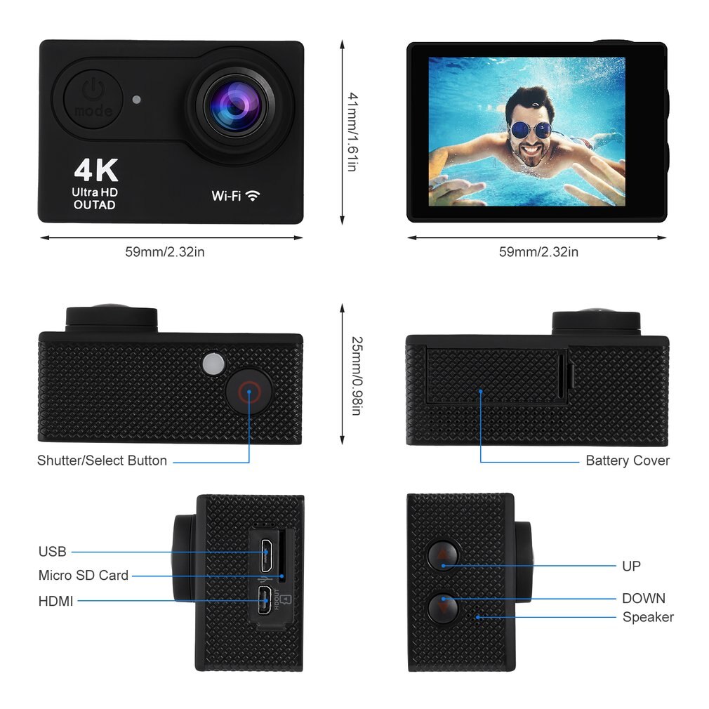 OUTAD 4K Ultra HD Wifi 30M wasserdicht Aktion Kamera 2 LTPS LCD Sport Kamera 12.0 MP 170 Linse Winkel HDMI Ausgang kompakt UK Typ