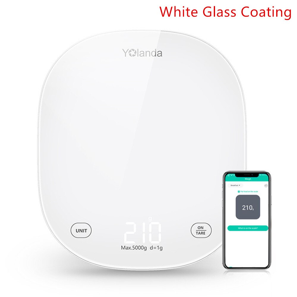 Yolanda 5kg smart køkkenvægt bluetooth app elektronisk digital mad vægtbalance måleværktøj ernæringsanalyse: Hvidt glas led