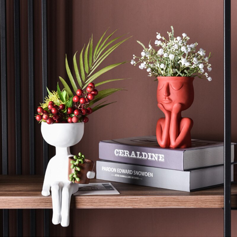 Humanoid keramik urtepotte karakter siddende stilling skulptur vase desktop blomsterarrangement container sukkulenter plantepotte
