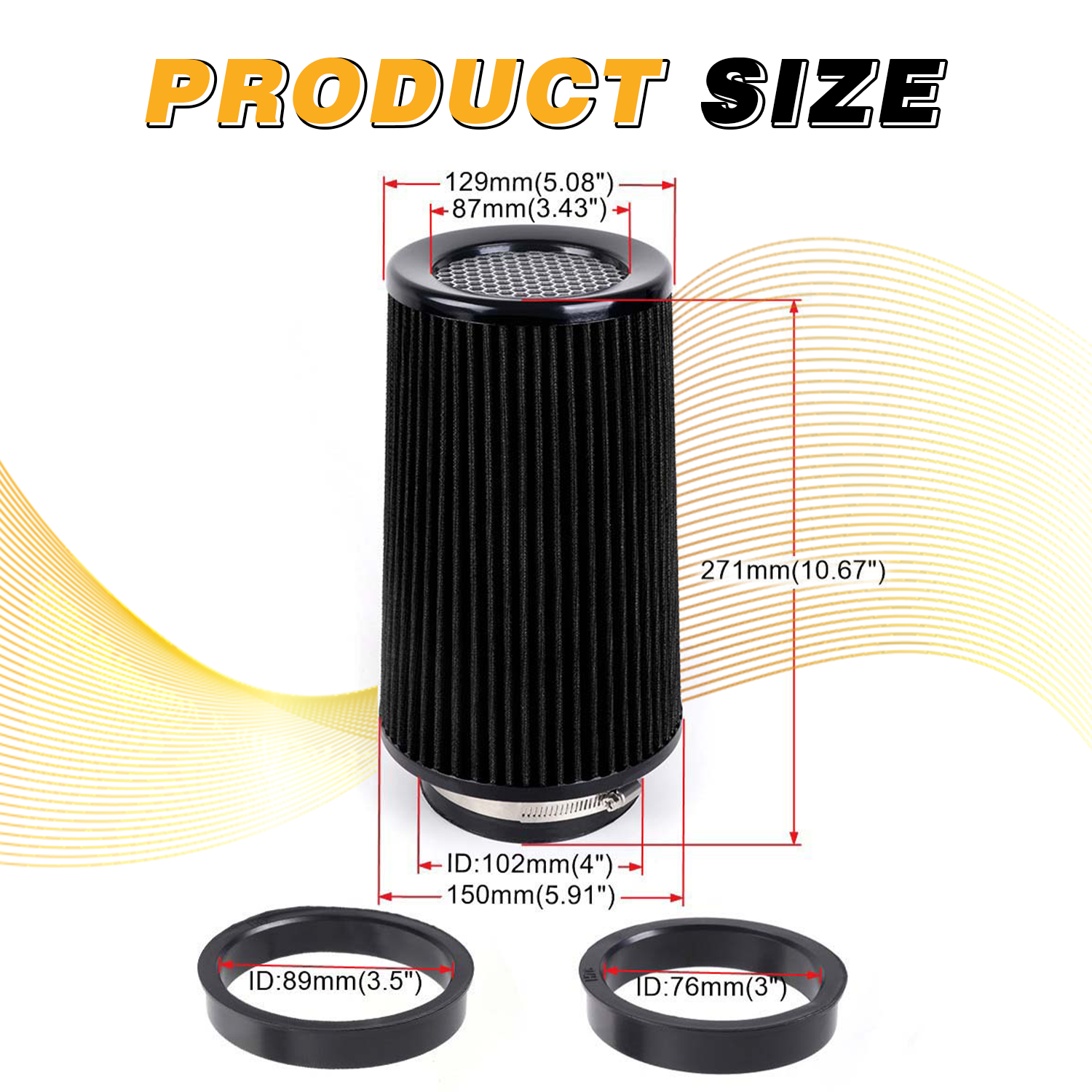 76mm 89mm 102mm 3" 3.5" 4" Universal High Flow Cold Air Intake Air Filter 10.6" Tall Washable Air Filters With Adapters OFI141