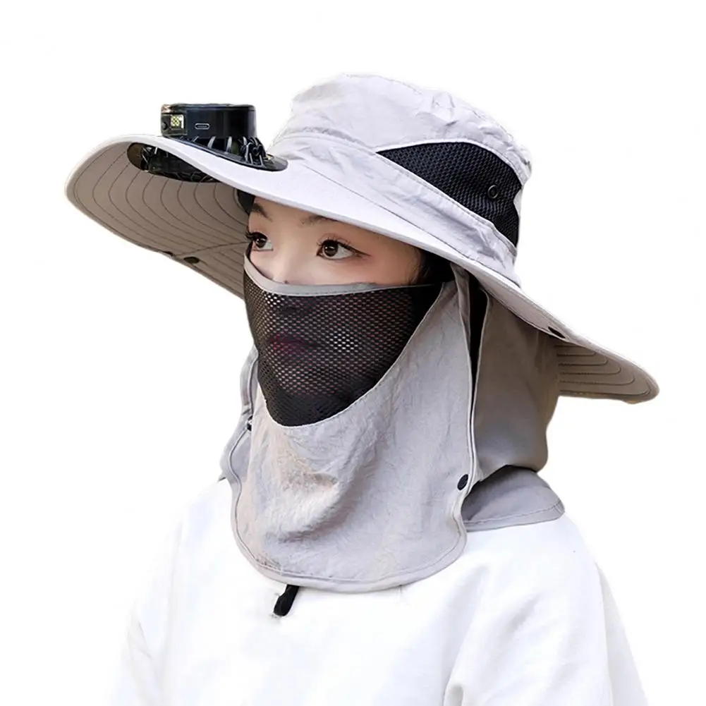 Sombrero con ventilador Solar con protector facial, solapa para el cuello, sombrero con protección UV, recargable por USB, para hombre, verano, pesca al aire libre, gorra de cubo de ala ancha: Lavanda