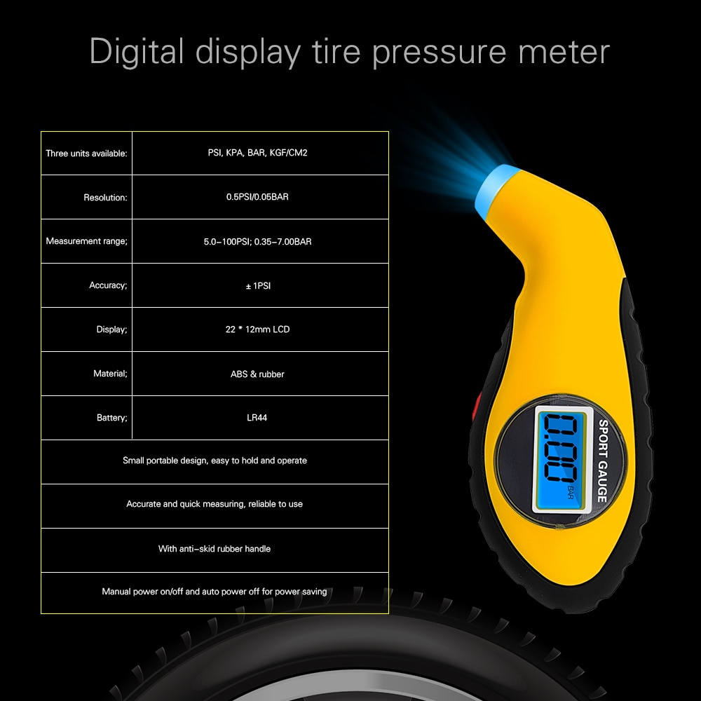 Medidor de presión de neumáticos de automóviles, 1 Uds., medidor electrónico Digital LCD de neumáticos, manómetro, herramienta de medición de barómetro, monitor de alarma de seguridad para motocicletas