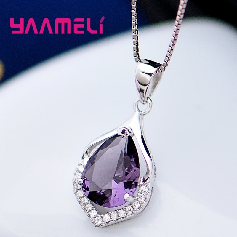 Eleganza collana con ciondolo goccia d&#39;acqua in cristallo viola ametista per donna regalo di natale di compleanno collare in argento 100% 925