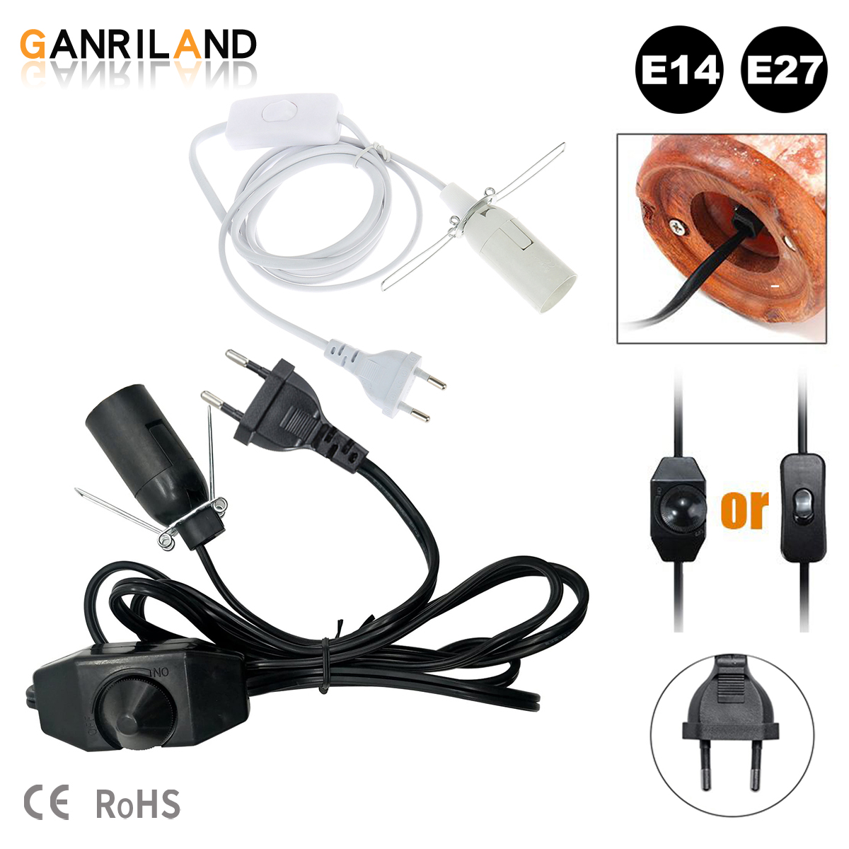 GANRILAND Przewód lampy Wtyczka EU E14 E27 Gniazdo 1.8M Dekoracyjny czarno-biały uchwyt lampy z przełącznikiem Ściemniacz Przewód zasilający
