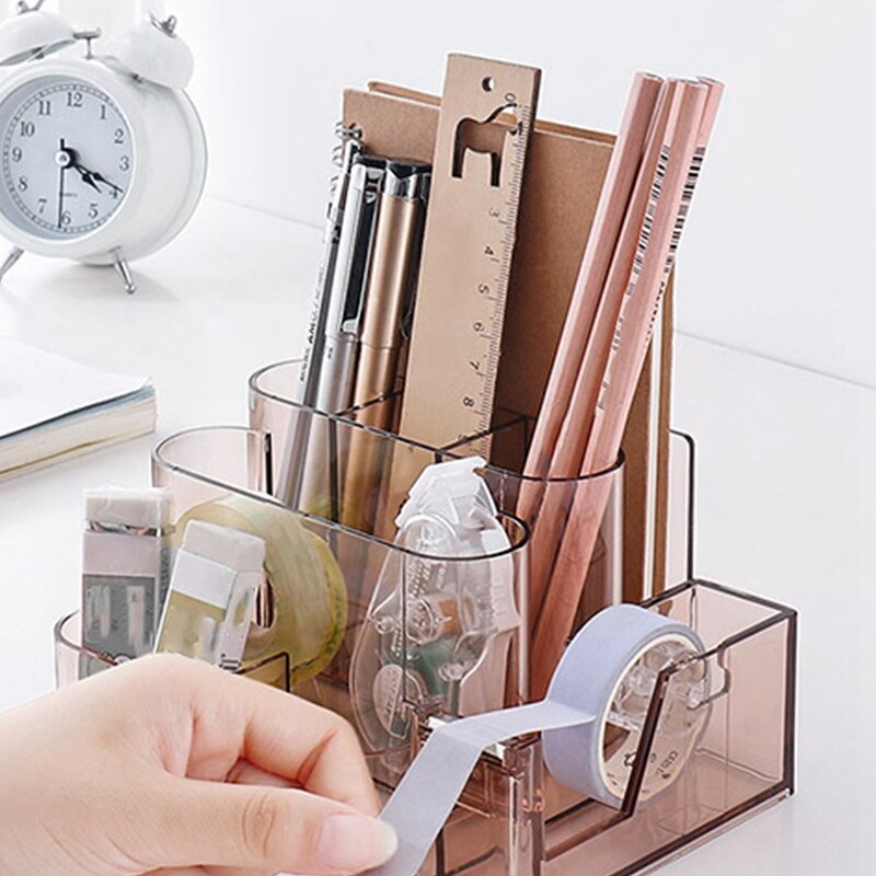 Multifunction Plastic Pen Holder Square Pencil Holder Book Stand Tape Dispenser Office Desktop Stationery Organizer Storage Box