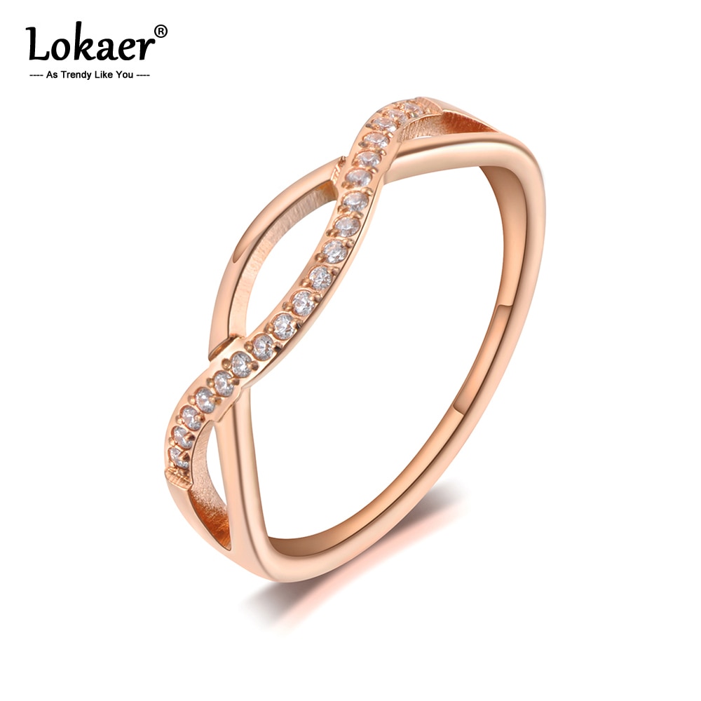 Lokaer Titanium Stainless Steel Geometric Cross Ring Trendy Mosaic CZ Crystal Rose Gold Wedding Rings Jewelry For Women R19084