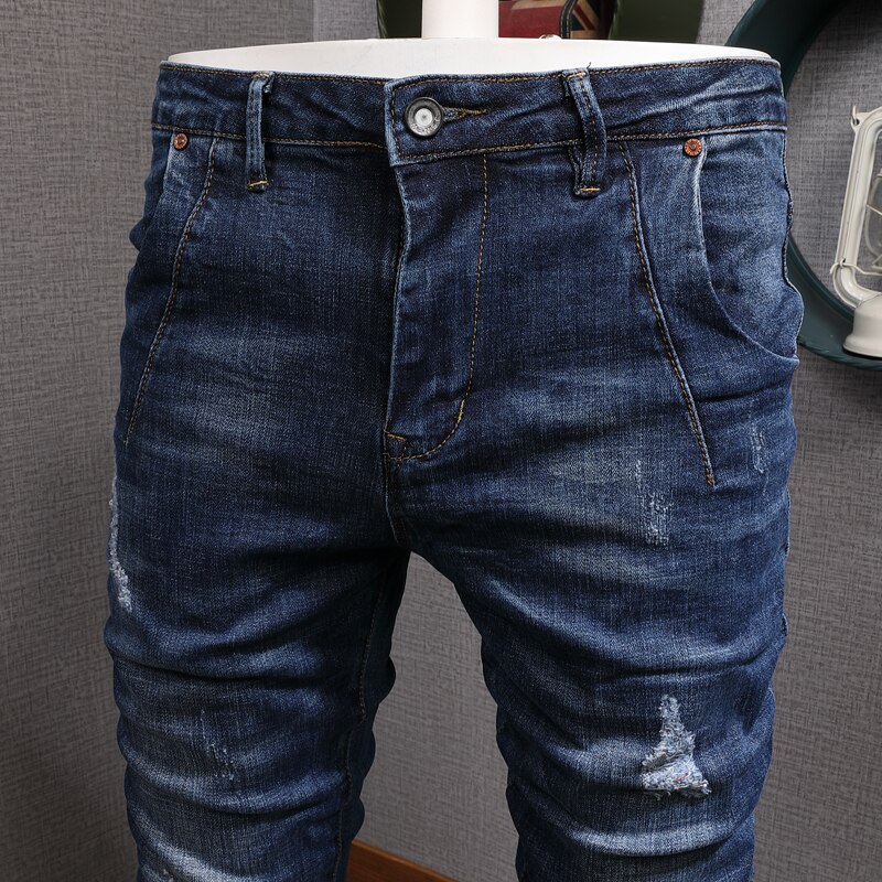 Jean Streetwear pour hommes, pantalon crayon, élastique et déchiré, bleu foncé, Style coréen, Hip Hop