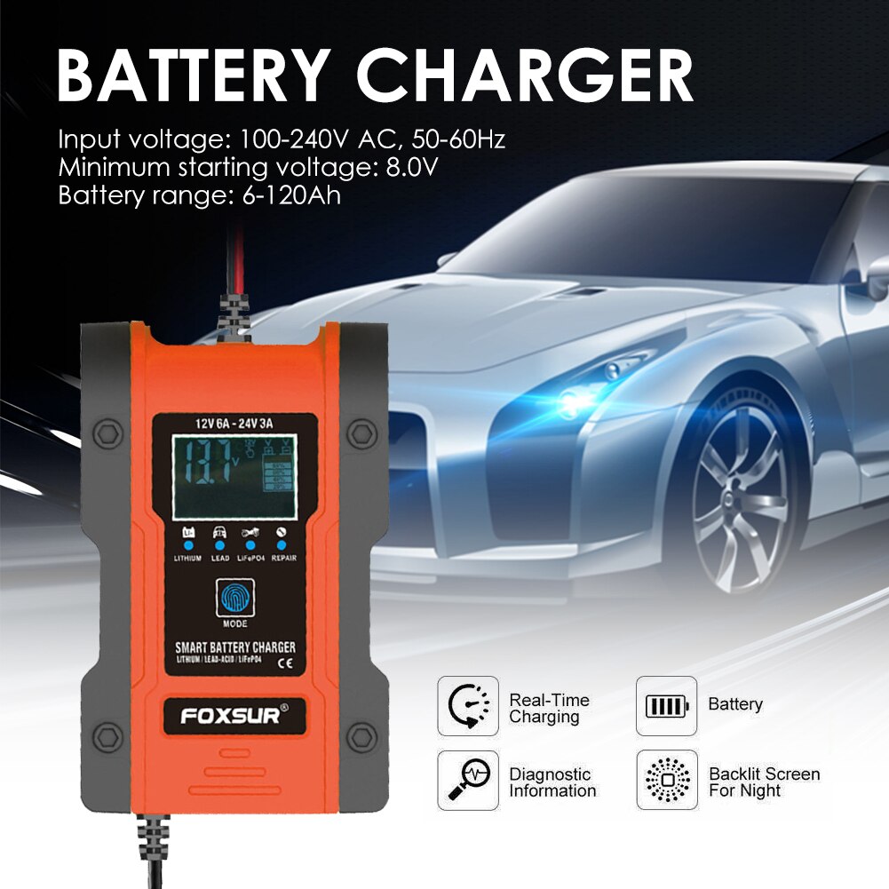 12V 6A 24V 3A Car Smart Battery Charger Automatic Pulse Repair Charger with LCD Display for AGM GEL WET Lead Acid Battery
