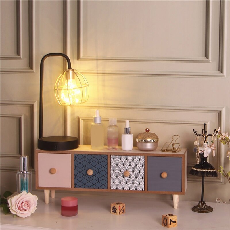 Wooden Drawer Storage Box Desktop Dividers Organizer Cute Cactus Pattern Makeup Cosmetic Container Jewelry Shelf Cabinet