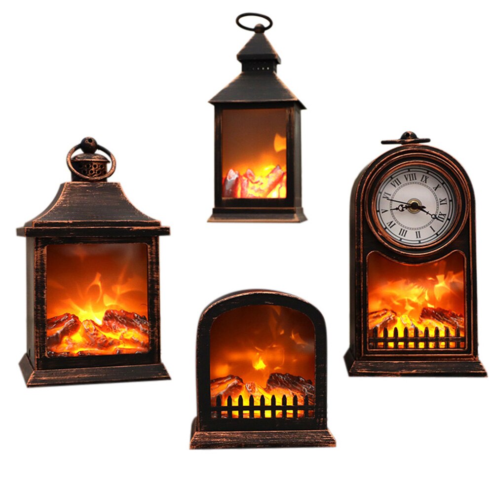 Retro Fireplace Lamp LED Flame Lantern Portable Oil Lamp Wind Lamp Simulation Flame Halloween Party Decor Props Home Ornaments
