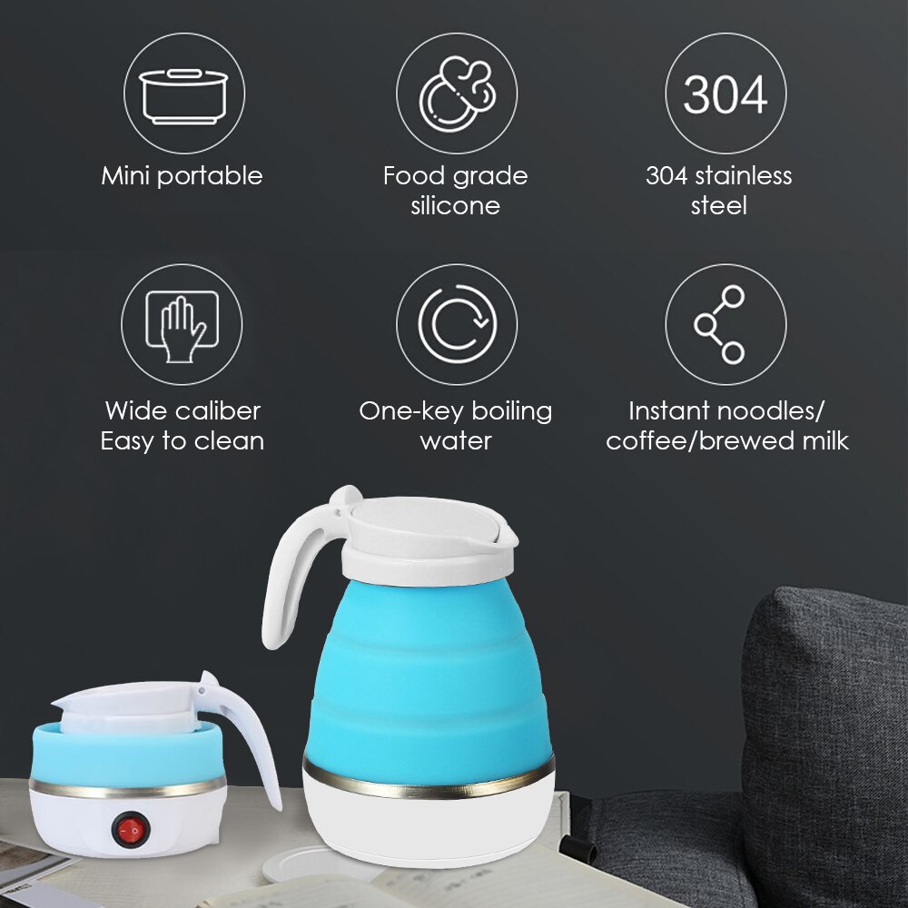 Practical Electric Boiling Pot Foldable Heating Hiking Stainless Steel+Silicone 0.6L Kitchen Traveling Camping Water Kettle