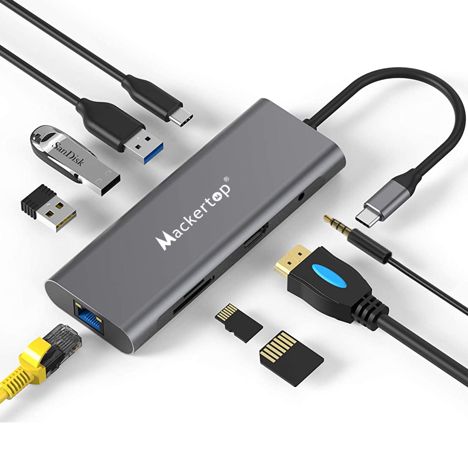 Mackertop USB-C Hub Adapter Compatibel Voor Alle Computers, power 9-In-1 Usb C Hub Dongle Met 3X Usb 3.0, Micro Sd