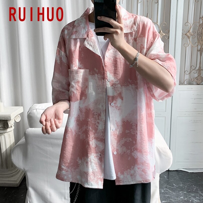 Ruihuo print kortermet skjorte herre slim fit fritidsskjorter herre mannlig business bluse merke pluss størrelse m -5xl