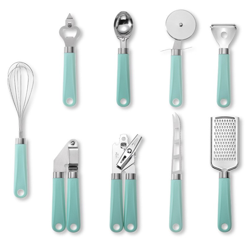 Plastic Handle Stainless Steel Kitchen Gadget Set Home Kitchenware 9-piece Set Of Set Egg Beater: Blue handle