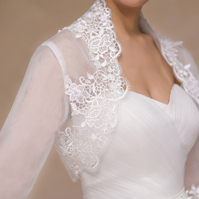 Frauen 3/4 Ärmel Hochzeit Jacke Kap Blumen- Spitze trimmen wickeln zucken Bolero Strickjacke