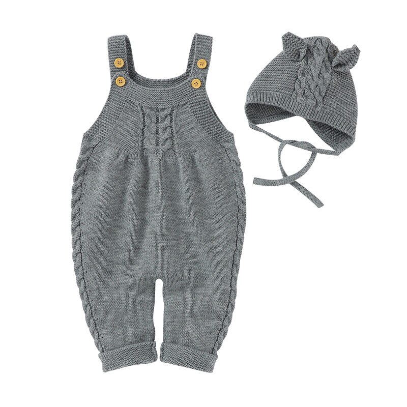 Pelele de invierno y otoño para bebé, mono liso sin mangas con de botones, holgado, de punto, peleles, sombrero,: Gris / 12 meses