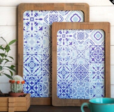 2 Li Ahşap Tepsi - Retro Mavi Desen