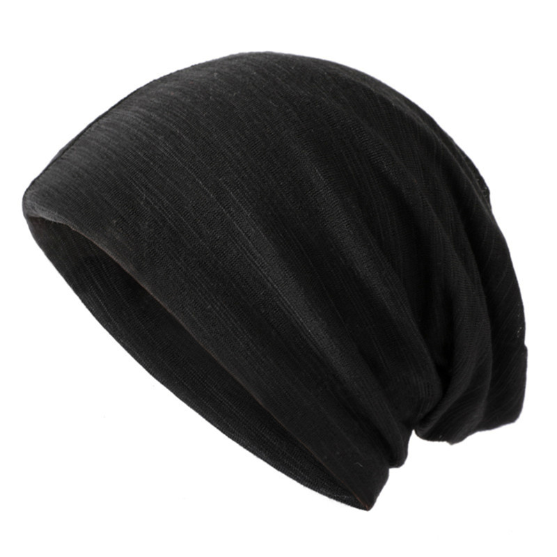 Gorros finos Unisex de Color sólido para hombres y mujeres, gorro de cobertura tejido de algodón, gorros de tela de doble capa, gorro informal: Negro