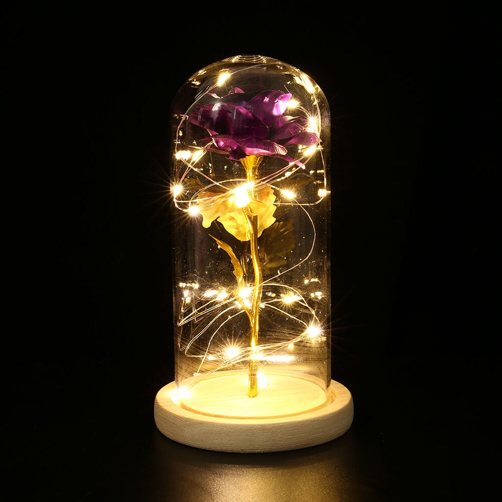 Fødselsdag smuk bevaret rose blomst led lys med glas cover træ base valentinsdag bryllup: Lilla