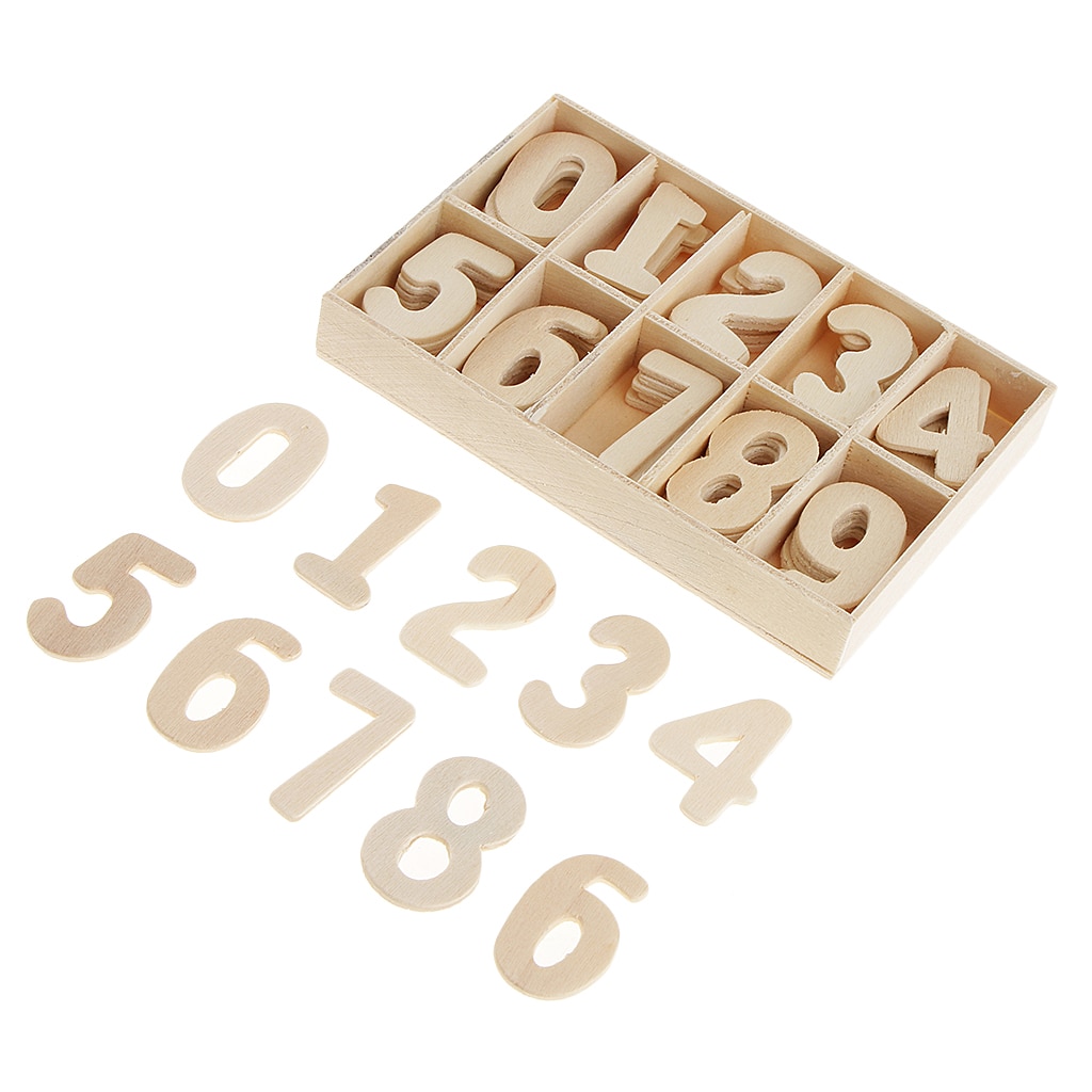 60 Piece Set Wooden Numbers - Wooden Craft Numbers with Storage Tray - Unpainted Wood Arabic Numbers Kids Learning